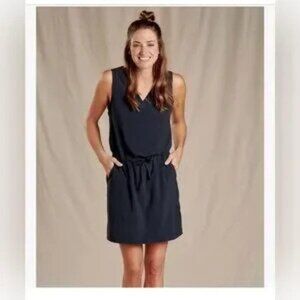 Toad&Co L Sunkissed Liv Dress Sleeveless Black Button Back UPF 40 Sporty Outdoor